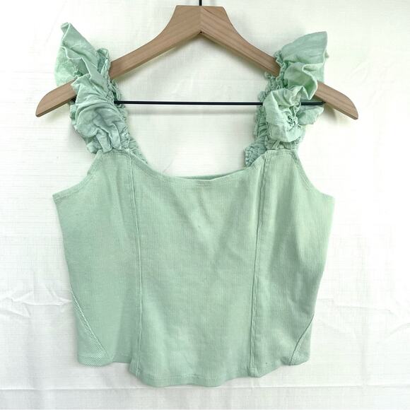 Anthropologie Tops - ANTHROPOLOGIE Puff Sleeve Cropped Tank Top Size L Mint Cottagecore Ribbed Cotton